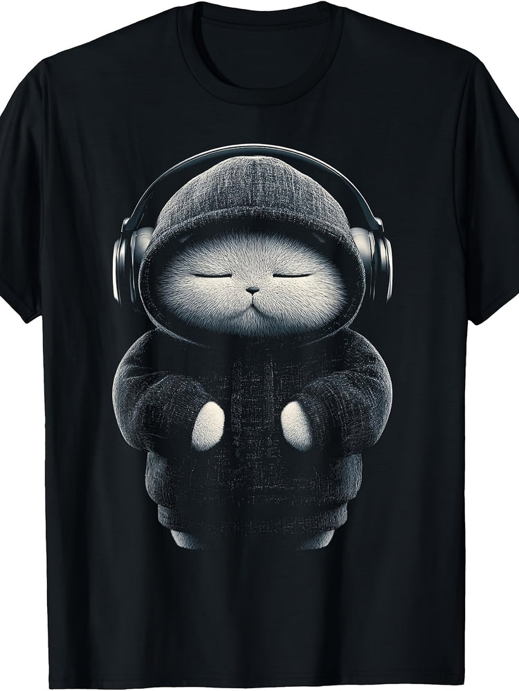 Retro Scottish Fold Cat T-Shirt with Headphone & Scottish Fold Cat - Suitable for Cat Owners, Casual Round Neck Tee, Machine Washable Apparel for Year-Round Wear, Gift for Cat Lovers