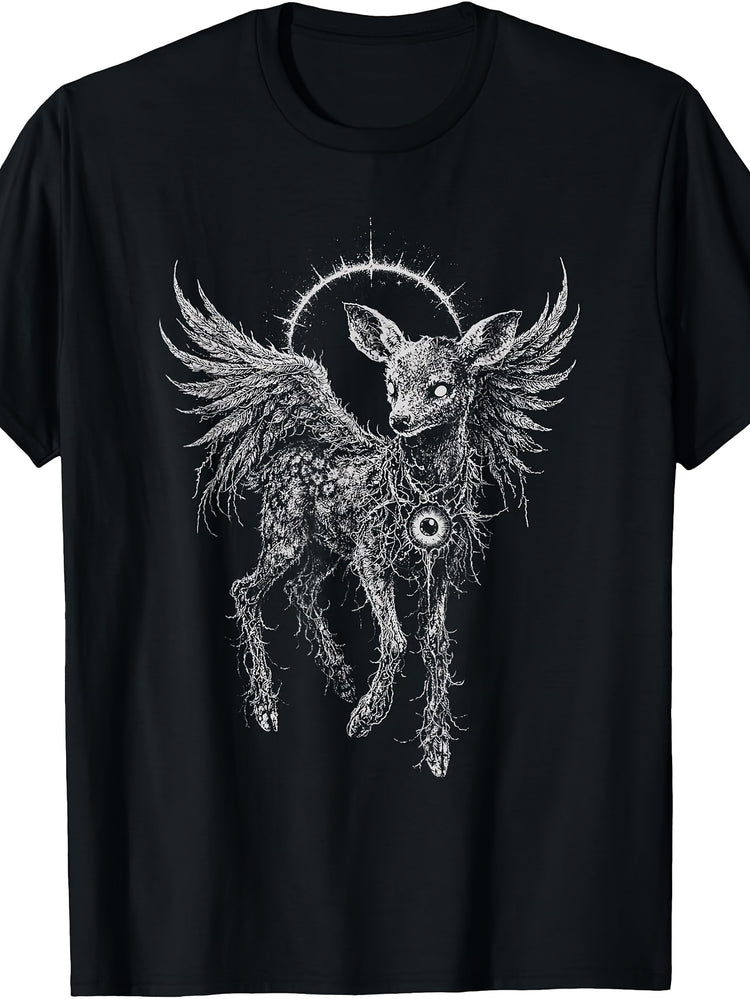Gothic Deer Fawn Angel T-Shirt - Retro Suitable for Goth Aesthetic with Esoteric Wings & Alt, Machine Washable Round Neck Tee for Year-Round Wear, Casual Gothic Outfits for