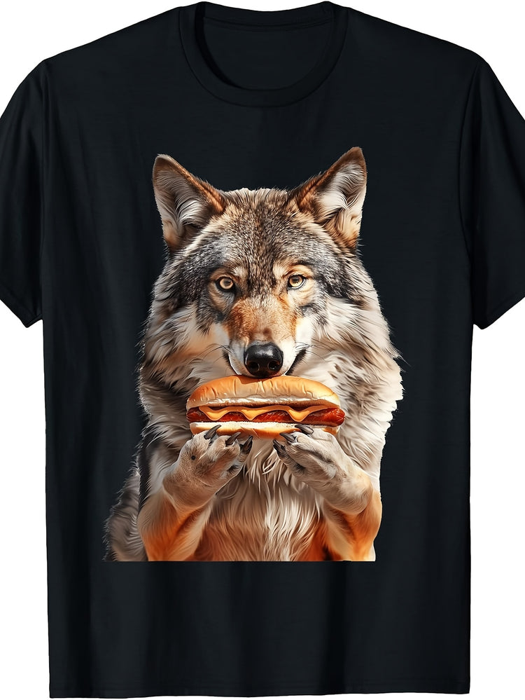 Men's And Women's T-Shirt, Funny Wolf Eating Hot Dog Graphic Tee, Casual Summer Wear