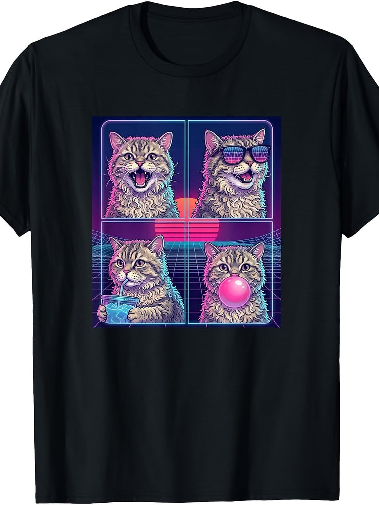 Retro Vaporwave Style, Men'S And Women'S T-Shirt, Four-Panel Neon Cat with Sunglasses And Bubblegum Design, Summer Casual Wear